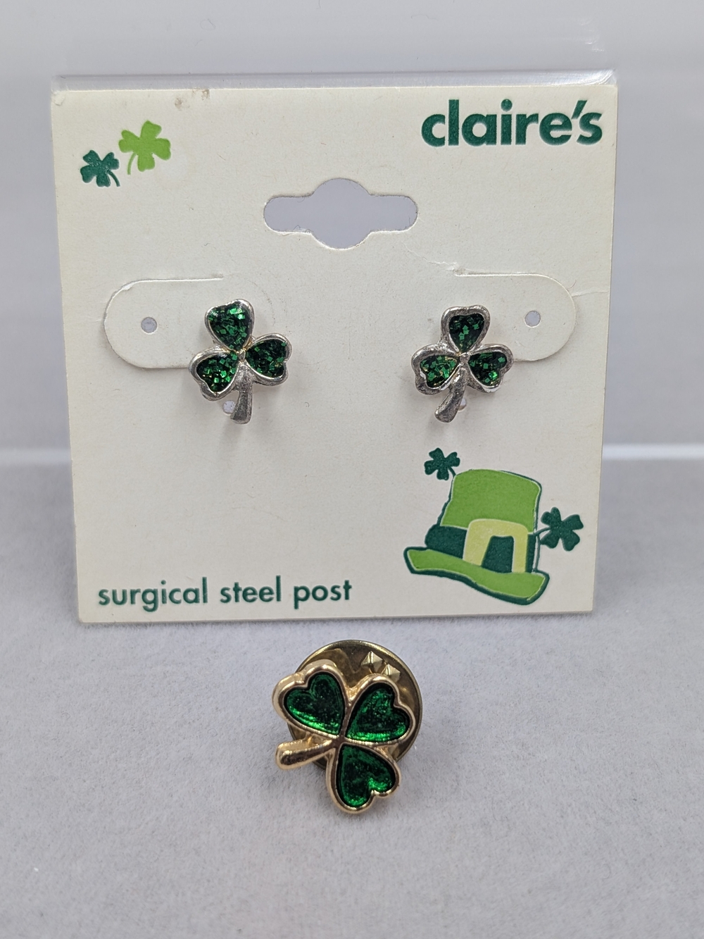 Claire's Green Glitter Shamrock Stud Earrings and Pin Set